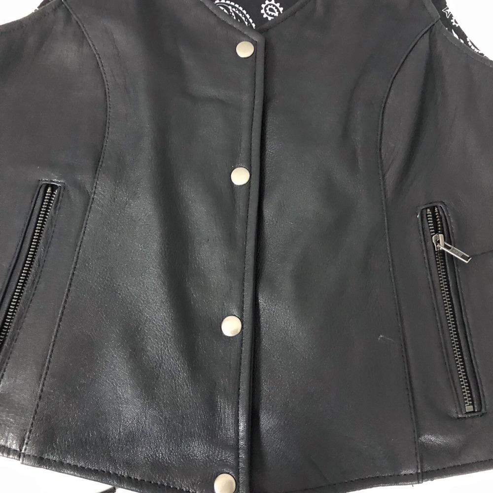 Unik Premium Women Sz M Black Leather Snap Front Vest Side Laces Paisley Liner - Picture 12 of 16